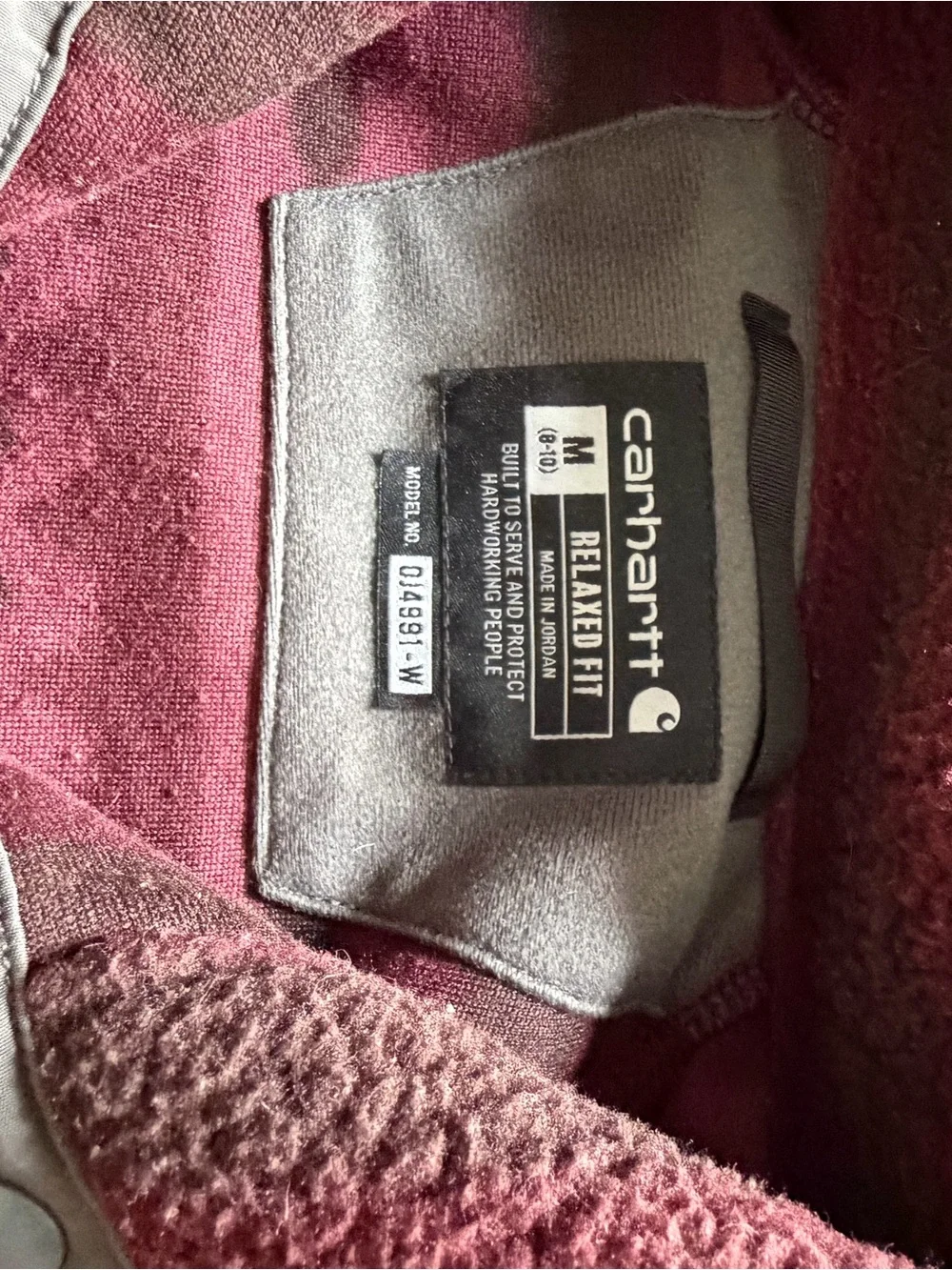 Carhartt Women's Burgundy Teddy Fleece Pullover Jacket with Gray Pocket